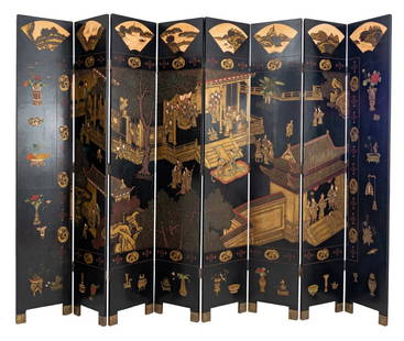 Chinese 8-Panel Coromandel Screen: Chinese Eight-Panel Coromandel Screen, carved and painted with a figural courtyard scene below fan form vignettes of landscapes. Each panel: 96.25" H x 18.25" W x 1.25" D. Provenance: From an Upper Ea