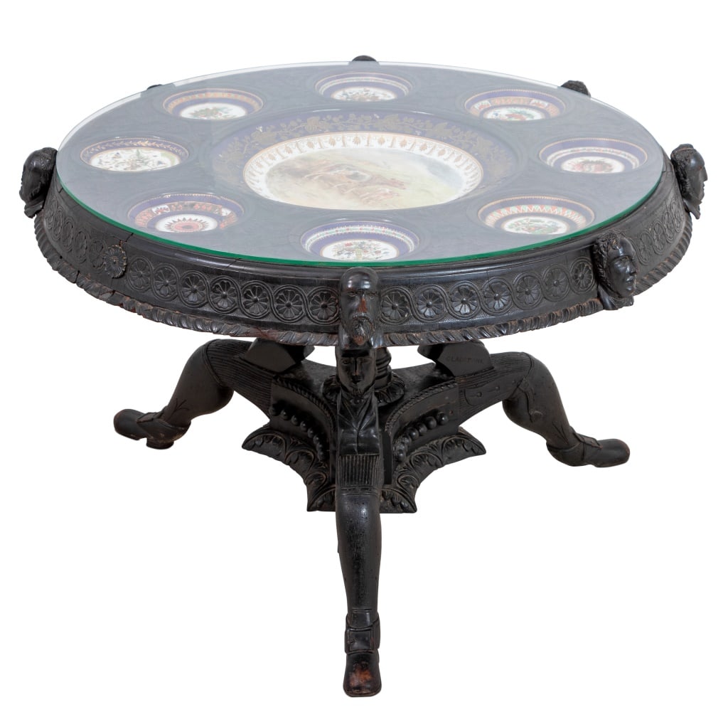 Victorian Porcelain Mounted Carved Oak Table (1 of 5)