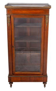 Louis XVI Style Kingwood and Brass Inlay Vitrine: Louis XVI Style Gilt Metal Mounted Kingwood and Brass Inlaid Vitrine, retailed by Hampton & Sons, Pal Mall East, London, the three quarter gallery above the glazed door, enclosing three adjustable