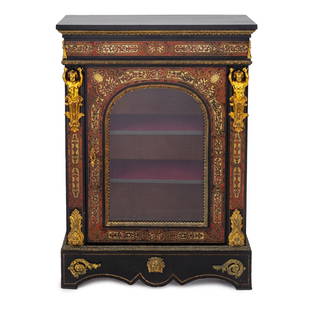 Napoleon III Boulle Pier Cabinet: Napoleon III Gilt Metal Mounted Faux Tortoiseshell and Brass Inlay Boulle Pier Cabinet, late 19th century, the rectangular top above an inlaid frieze, below, a central arched glazed door enclosing