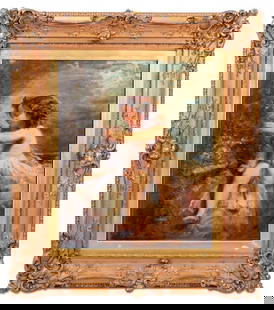 Illegibly Signed Cherub Drinking Oil on Canvas: French School, Cherub Drinking Wine, Oil on Canvas laid on Masonite, 19th century, indistinctly signed lower left, ornate giltwood frame. Image: 25.75" H x 21.5" W; frame: 38" H x 33" W. Keywords:
