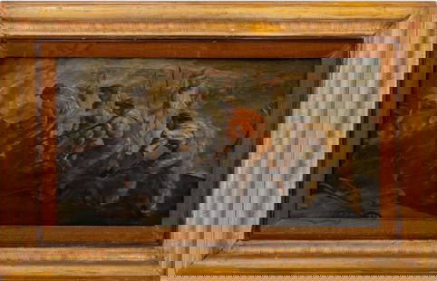 Lionel S. Reiss "Hot Tar" Oil on Masonite: Lionel Samson Reiss (Polish/American, 1894-1988), "Hot Tar", Oil on Masonite, signed lower right, titled and signed to verso with Associated American Artists label, giltwood frame. Image: 12" H x 23"