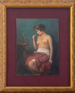 Szilard Constantinus Kovari Nude Woman Oil: Szilard Constantinus Kovari (Slovakian, 1882-1916), Nude Woman, Oil on Board, depicting seated woman applying lipstick in the mirror, signed lower right, giltwood frame. Image: 9" H x 6.75" W; frame: