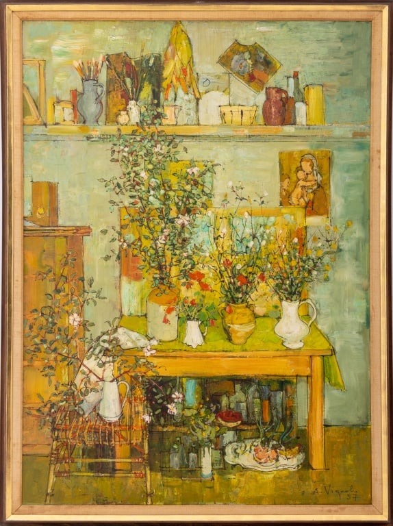 Andre Vignoles Interior Scene Oil on Canvas, 1957 (1 of 8)