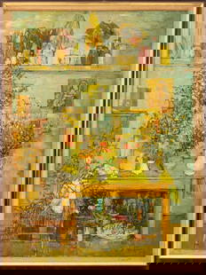 Andre Vignoles Interior Scene Oil on Canvas, 1957: Andre Vignoles (French, 1920-2017), Interior Scene with Still Life, Oil on Canvas, 1957, signed "A Vignoles" and dated lower right, paper label to verso, giltwood frame. Image: 38.75" H x 27.75" W; fr