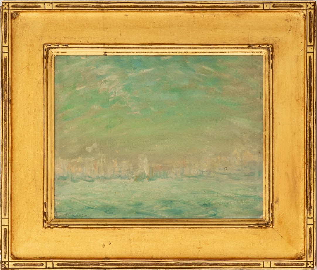 Arthur Goodwin Harbor Mists - A View of Boston Oil: Arthur Clifton Goodwin (American, 1864-1929), Harbor Mists - A View of Boston, Oil on Board, signed in pencil lower left and signed in pencil to verso, giltwood frame. Image: 12" H x 15.5" W; frame: 1