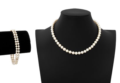 14K Yellow Gold Pearl Bracelet Necklace Set