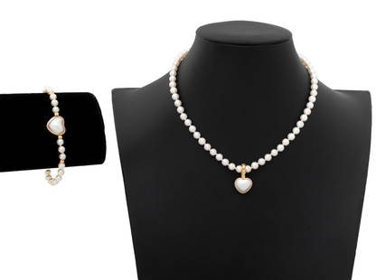 14K Cultured Pearl Mabe Pearl Diamond Ensemble: 14K Yellow Gold Cultured Pearl Mabe Pearl Diamond Ensemble, featuring one bracelet and one necklace, each decorated with bezel set heart shape mabe pearl pendants, bracelet pendant fixed and necklace