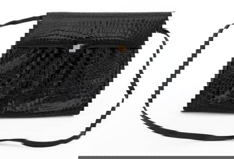 Fendi Crocodile-Embossed Leather Shoulder Bag: Fendi Navy Blue Crocodile Embossed Leather Shoulder Bag, gold-tone hardware, double-F Fendi logo embossed leather label "Fendi Exclusively / for Bergdorf Goodman / Made in Italy" to outside of zippere