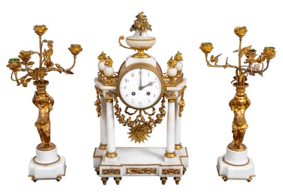 Louis XVI Style Gilt Bronze Marble Clock Set, 3