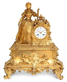 Charles X Gilt Bronze Figural Clock, ca. 1830: Charles X Gilt Bronze Figural Clock, circa 1830, depicting Marguerite, Queen of France, standing beside circular enamel dial, the movement strike on bell, signed "Rollet Bould St. Denis" on a rectangu