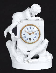 Napoleon III White Porcelain Figural Mantel Clock: Napoleon III White Porcelain Figural Mantel Clock, the white enamel dial signed "PERRELET / Hger Mcien Du Roi", surmounted by a young child climbing a tree while playing with a cat on an oval string,