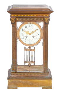 Tiffany & Co. Gilt Brass Mercury Mantel Clock: Tiffany and Company Gilt Brass and Mercury Compensated Pendulum Mantel Clock, early 20th century, the circular painted enamel dial with strike on gong movement, stamped "Made in France", mercury pendu