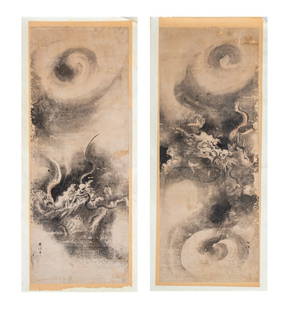 Chinese Dragon Scene Ink on Paper, 2: Chinese School, Two Dragon Scenes, Ink on Paper, mounted on paper, each depicting dragon flying through clouds, marked with calligraphy script and stamped with two handled vase form chop seal lower ri