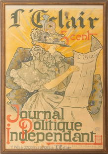 Henry Atwell Thomas "L'Eclair" Lithograph Poster: Henry Atwell Thomas (American, 1834-1904), "L'Eclair", for Journal Polirique Independant, Lithographis Poster in Colors, 1897, Imp. Chaix , Paris, marked to lower right, painted wood frame. Image: 32"
