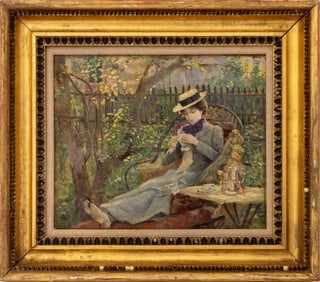 Illegibly Signed Lady in Garden Oil on Canvas