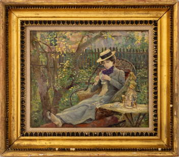Illegibly Signed Lady in Garden Oil on Canvas: 19th Century School, Lady Sewing in Garden, Oil on Canvas, illegibly signed lower right, giltwood frame. Image: 11" H x 13.25" W; frame: 17" H x 19.5" W. Provenance: The Upper East Side Estate of Anne