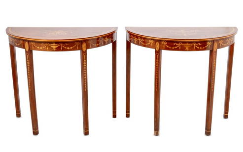 George III Style Mahogany Console Tables, Pair: Pair of George III Style Mahogany and Marquetry D-Shaped Console Tables, 20th century, each inlaid with crossbanded borders, bell flower swags and trophies, on square legs. 31" H x 36" W x 18" D. Keyw
