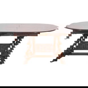 Spanish Renaissance Revival Oak Dining Table: Spanish Renaissance Revival Extendable Oak Oval Dining Table, raised on carved pedestal base, with two leaves. Without leaves: 28.5" H x 66" W x 48" D; each leaf: approx. 11.5" W. Provenance: From a N
