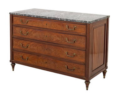 French Mahogany Fossil Marble Top Commode: French Mahogany Fossil Marble Top Commode, having four drawers with brass drawer pulls on turned wood tapered feet. 37" H x 55.5" W x 24" D. Provenance: The Upper East Side Estate of Anne Kaufman Schn