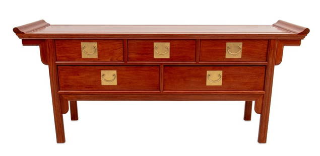 Asian Modern Style Five-Drawer Walnut Credenza: Asian Modern Style Five-Drawer Walnut Credenza, with brass hardware. 30.5" H x 73" W x 18" D. Provenance: From an East 52nd Street Estate. Keywords: Vintage Furniture, Console Table, Dresser,