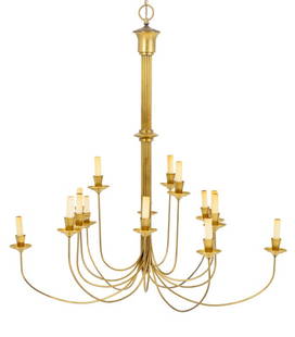 Mid-Century Modern Brass Twisted Arm Chandelier: Mid-Century Modern Brass Twisted Arm Chandelier, with fifteen arms and candlestick style light fixtures. 38" H x 35" Diameter. Provenance: From a New York City Collection. Keywords: Lighting, Hanging