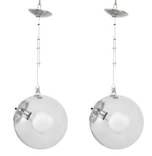Artemide "Miconos" Glass Pendant Lamps, Pair: Pair of Artemide "Miconos" Glass Globe Pendant Lamps, with silver-tone hardware and handle, label to inside of ceiling mount. 40" H x 12.5" W x 11" Diameter. Provenance: From a New York City Collectio