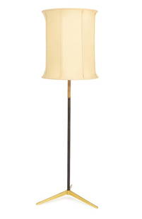 Paul McCobb Brass Tripod Floor Lamp: Paul McCobb Brass Tripod Floor Lamp, with gilt brass prong feet and applied parchment to part of column, apparently unmarked (lampshade not included). 54" H x 19" W x 16.25" D. Provenance: From a New