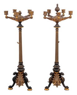 Roman Style Gilt Patinated Bronze Candelabra, Pair: Pair of Roman Style Gilt and Patinated Bronze Candelabra, late 19th century, after the antique, each with five branches atop fluted tapering columns on griffon monopodia feet. 24.5" H x 9" W x 9" D. K