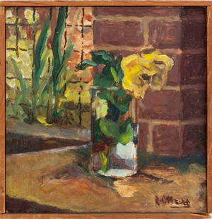 Robert O'Meara Still Life of a Flower Oil on Board: Robert O'Meara (American, 1957-2024), Still Life Scene of a Yellow Flower, Oil on Board, depicting yellow rose in glass jar by windowsill, signed lower right, wood frame. Image: 9.75" H x 10" W; frame