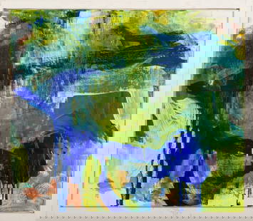 Robert O'Meara Abstract Composition Oil on Canvas: Robert O'Meara (American, 1957-2024), Abstract Expressionist Composition, Oil on Canvas, blues and greens, apparently unsigned, white painted wood frame. 19" H x 22" W; frame: 20.75" H x 23.75" W. Pro