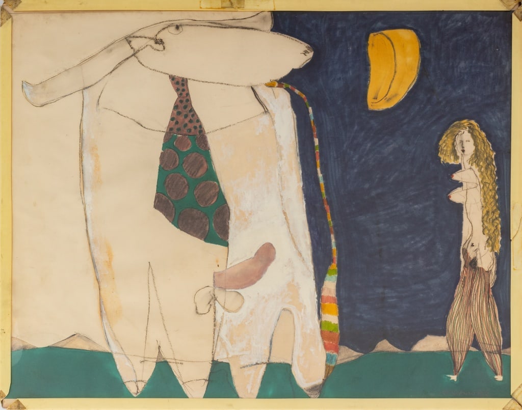 Domenick Capobianco Minotaur & Woman Mixed Media: Domenick Capobianco (American, b. 1928), Minotaur and Woman, Mixed Media on Paper, 1968, signed and dated lower right, white acrylic frame. Image: 18" H x 23" W; frame: 19" H x 24" W. Provenance: From