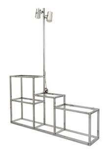 Milo Baughman Style Chrome & Lucite Etagere Lamp: Milo Baughman Style Chrome and Lucite Etagere Lamp, with open lucite shelves, two spotlight lights, apparently unmarked. 84" H x 66" W x 12.5" D. Provenance: From a New York City Collection. Keywords: