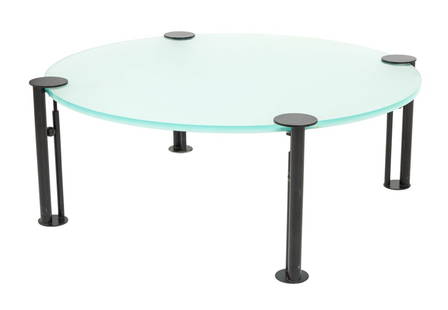 Philippe Starck Joe Ship Coffee Table, 1982: Philippe Starck for Les 3 Suisses "Joe Ship" Coffee Table, 1982, with circular opaque glass top and black enameled metal legs. 14" H x 36" Diameter. Provenance: From a Greenwich Village Estate. Keywor