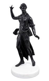 Italian "Aphrodite" Patinated Bronze Figure: Italian "Aphrodite" Patinated Bronze Figure, After the Antique, late 19th century, the dancing figure mounted on a later circular white marble plinth. 28.75" H x 12" W x 12" D. Keywords: Sculpture, St