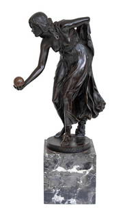 Walter Schott "Die Kugelspielerin" Bronze: Walter Schott (German, 1861-1938) "Die Kugelspielerin" [The Ball Player] Patinated Bronze Sculpture, early 20th century, on a grey marble plinth. 14.5" H x 5.5" W x 4" D. Keywords: German Art, Statue,
