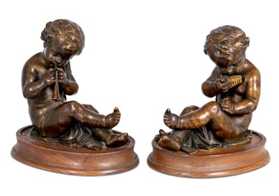 French Patinated Bronze Musical Cherubs, Pair