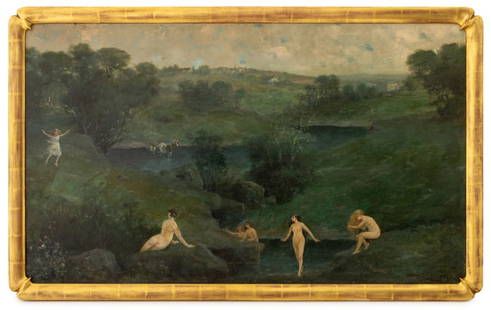 Gean Smith Bathing Scene Oil on Board, 1922: Gean Smith (American, 1851-1928), Bathing Scene, Oil on Board, 1922, signed and dated lower right, giltwood frame. Image: Provenance: 29.5" H x 49" W; frame: 32.5" H x 52.5" W x 2" D. From a Cobble