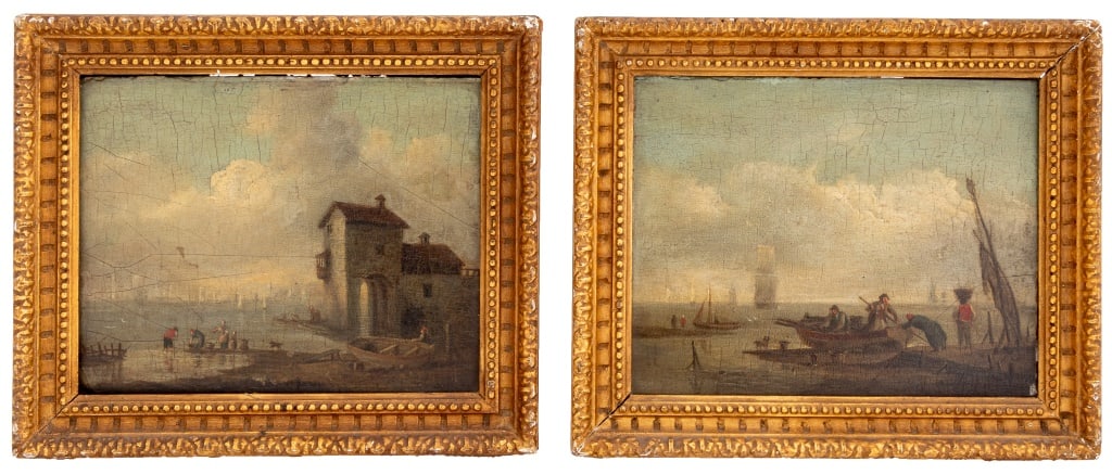 Dutch School Fishermen Scenes Oil on Panel, Pair: Dutch School, Two Fishermen Scenes, Oil on Wood Panel, 19th century, each with old paper labels marked "Vernet" to verso, giltwood frames. Image: 5.25" H x 6.75" W; frame: 7.5" H x 9" W. Provenance: F