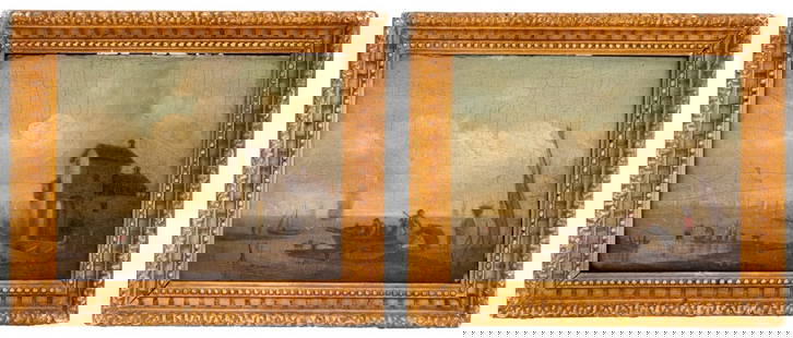 Dutch School Fishermen Scenes Oil on Panel, Pair: Dutch School, Two Fishermen Scenes, Oil on Wood Panel, 19th century, each with old paper labels marked "Vernet" to verso, giltwood frames. Image: 5.25" H x 6.75" W; frame: 7.5" H x 9" W. Provenance: F
