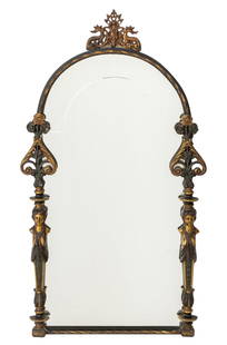Italian Crowned Hound Motif Gilt Metal Mirror: Italian Crowned Hound Motif Gilt Metal and Cast Iron Wall Mirror, circa 1900, the arched top with two dogs and scroll form crest, caryatid columns and pierced scroll floral motif. 38" H x 22" W. Prove