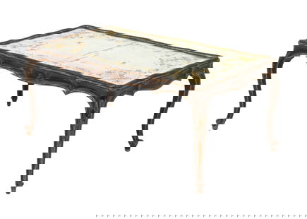 Chinoiserie Ebonized & Giltwood Coffee Table: Chinoiserie Ebonized and Gilded Wood Coffee Table, 19th century, the silvered mirror top with reverse-painted figures and flowers above four cabriole legs. 18.75" H x 42.5" W x 24" D. Provenance: The