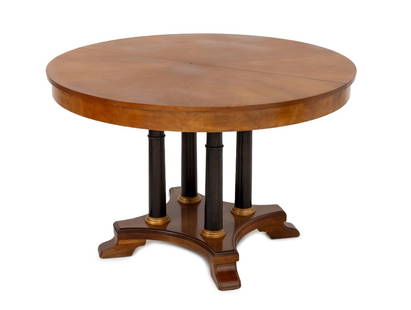 Neoclassical Revival Dining Table: Neoclassical Revival Dining Table, round top on on four ebonized central column shaped legs, with two extending leaves marked "Ethan Allen / Made in America". 30" H x 46" Diameter; each extender: 18"