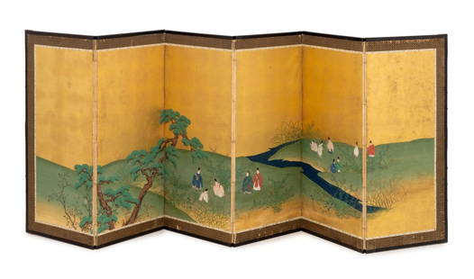 Japanese Figural Landscape 6-Panel Byobu Screen: Japanese Figural Landscape Scene Six Panel Byobu Screen, circa 1900, ink on paper with gold leaf. Larger panels: 42.5" H 19" W x 0.75" D. Provenance: From a New York City Collection. Keywords: Tosa Sc