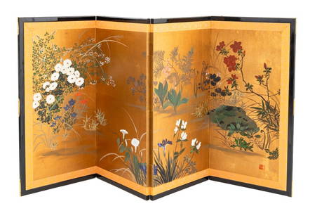 Japanese Floral Scene 4-Panel Byobu Screen: Japanese Four Panel Byobu Screen, with hand-painted scenes of flowers on gold leaf ground, chop seal mark lower right. Larger panels: 24.25" H x 12.25" W x 0.75" D. Provenance: From a Greenwich, Conne