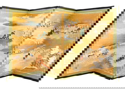 Japanese Seasons Landscape 4-Panel Byobu Screen: Japanese School Four Seasons Figural Landscape Scene Four-Panel Byobu Screen, gouache on paper with gold leaf, chop seal mark lower right. Larger panels: 24" H x 12" W x 0.75" D. Provenance: From a Gr