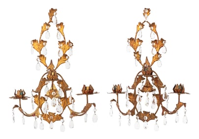 Floriform 3-Arm Gilt Painted Tole Appliques, Pair