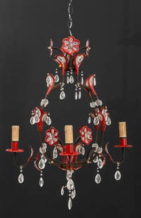 Mid-Century Modern Enameled Floriform Chandelier: Mid-Century Modern Glass and Red Enameled Metal Floriform Chandelier, 20th century, four candlestick form light fixtures. 35" H x 20" W x 20" D. Provenance: From a New York City Collection. Keywords: