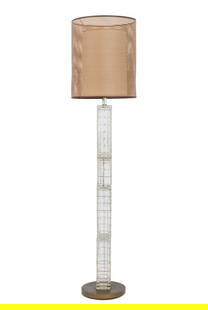 Mid-Century Modern Glass Block Floor Lamp: Mid-Century Modern Glass Block Floor Lamp, with circular brass base and woven double chamber period shade. 61.25" H x 14" Diameter. Provenance: From a Chelsea, New York City Collection. Keywords: Ligh