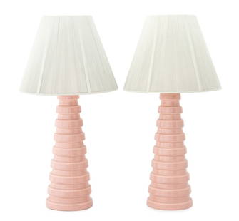 Art Deco Pink Glazed Ceramic Table Lamps, Pair: Pair of Art Deco Pale Pink Glazed Ceramic Table Lamps, with later green string shades. 27.75" H x 14" Diameter. Provenance: From a Chelsea, New York City Collection. Keywords: Lighting, Accent lamps,